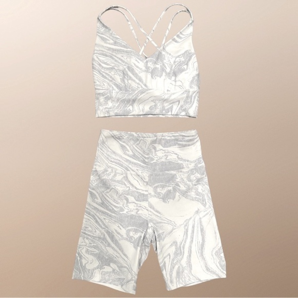 Forever21 biker shorts and sports bra. White/blue marble.